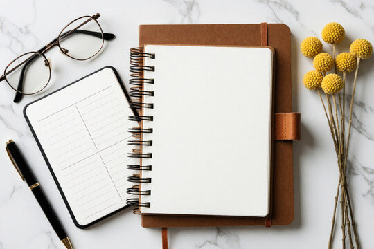 Flat lay of open spiral notebook with blank pages next to glasses, yellow dried flowers. White marble background creates clean workspace for student freelancer. Minimalist desk setup for planning,