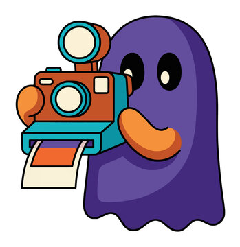 Cute Purple Ghost Holding Retro Camera Illustration Art.