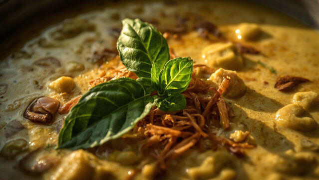 Close up of rich coconut milk texture in spicy Thai green curry
