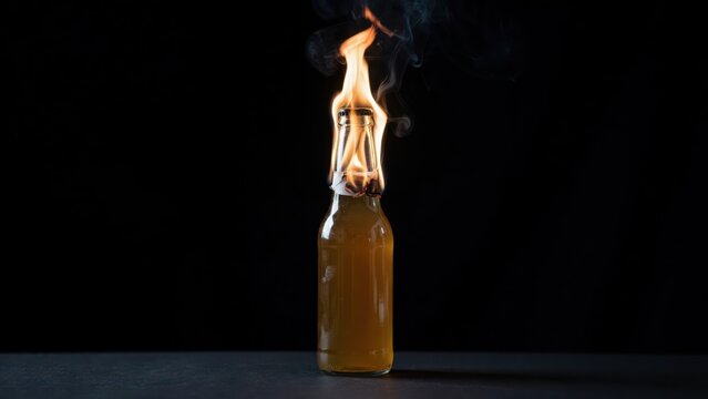 Burning Molotov cocktail bottle with fire on black background