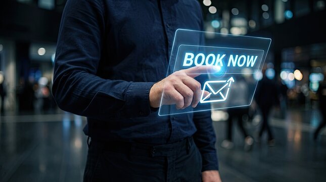 Man touches glowing screen with BOOK NOW text and email icon for online booking concept.