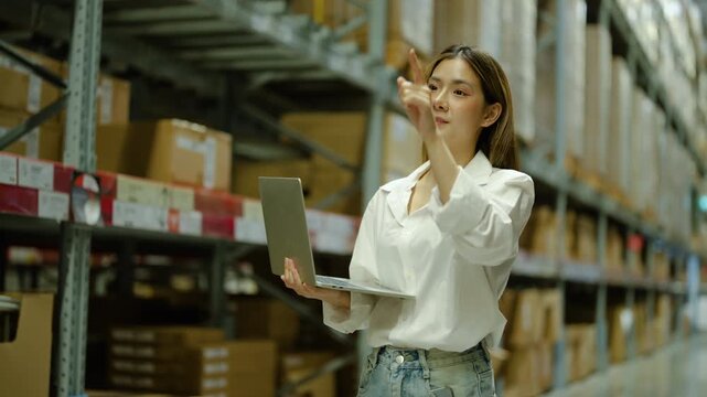 Smiling Asian female warehouse worker uses a laptop to check inventory and count cardboard boxes on shelves in a large distribution center. Logistics and supply chain management concept.