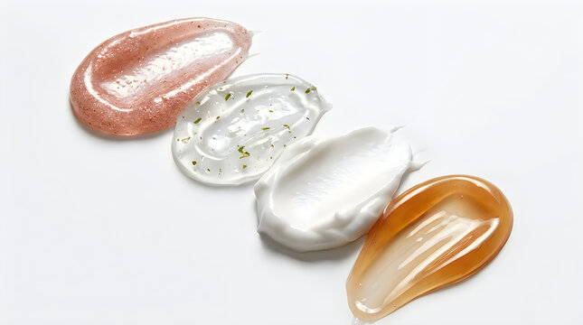 "Four Skincare Product Textures Swatches &ndash; Scrub, Gel, Cream and Serum on White Background"