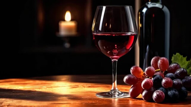 Red Wine Glass, Grape, Candle, Wooden Table Romantic Still Life Wine Scene