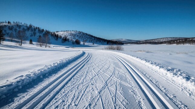 Freshly groomed cross country ski track winds through snowy winter landscape under bright blue sky. Prepared nordic skiing trail passes by frozen hills, forest trees. Scenic outdoor path for winter