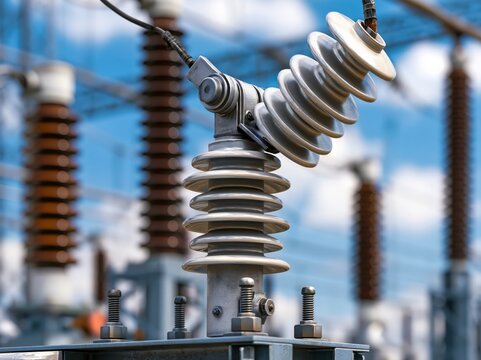 High-voltage electrical insulators and busbars stand tall against a bright blue sky, showcasing intricate ceramic and metal components vital for power transmission infrastructure.