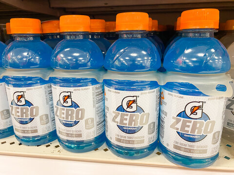 A pack of blue-colored Gatorade Zero sugar sports drink bottles on a supermarket shelf - August 8. 2026, Portland Oregon, USA