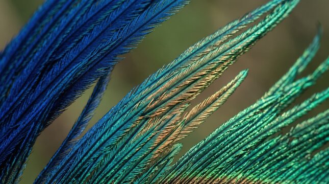 Close up of vibrant blue and green peacock feathers showing intricate texture and iridescent details, natural, wildlife photography, exotic bird plumage, abstract nature pattern.