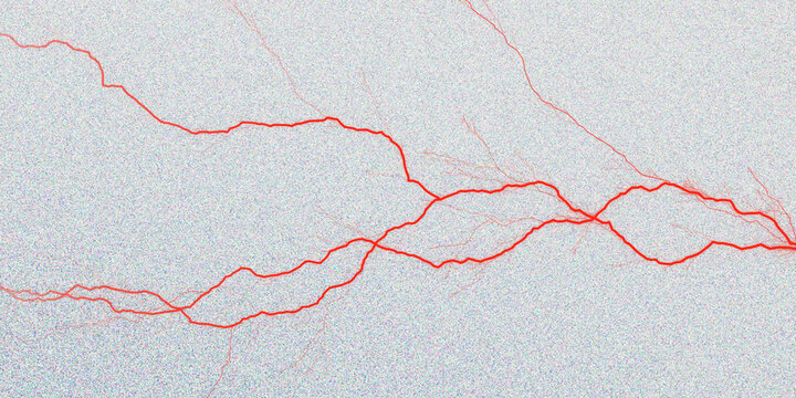 Abstract red lightning veins on grainy grey background. Minimalist organic nerve fiber illustration. Medical anatomy and neural network concept.