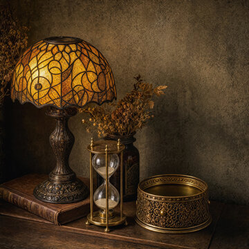 Vintage Still Life with Antique Lamp and Hourglass