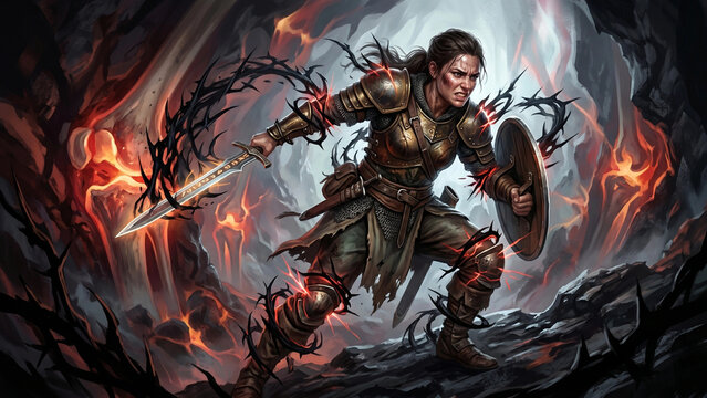 World Arthritis Day. Determined female warrior, brandishing a sword and shield against a fiery background, fights with invisible pain in her own joints, a symbolic battle