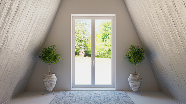 3D rendering of a symmetrical A-frame interior featuring large glass doors opening to a sunny green garden, flanked by two rustic planters with small trees on a modern floor with a blue rug.