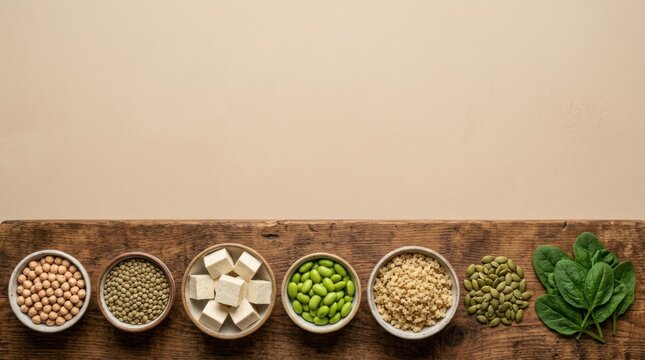 Variety of vegan plant based protein sources with copy space