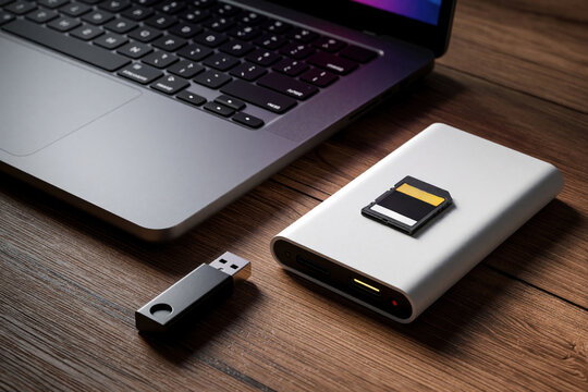 Modern laptop computer sits on wooden desk next to portable external ssd drive, usb flash memory stick. Small sd card rests on white slim hard drive. Digital data storage hardware components for fast
