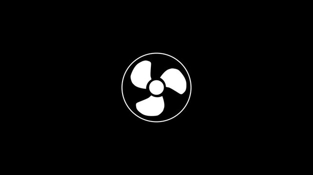 Minimalist rotating fan animation, white symbol on black background, spinning motion