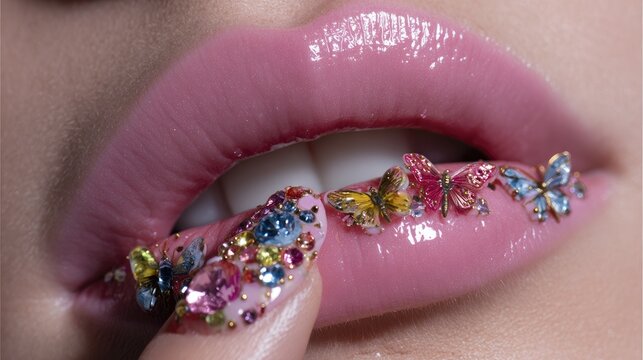 A close-up image showcases glossy pink lips adorned with numerous delicate butterfly embellishments, complemented by fingers with intricately decorated, long fingernails also featuring butterflies