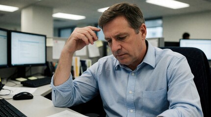 Fototapeta premium Middle aged man in office looks tired and stressed, head in hand. He stares down at papers on his desk, feeling overwhelmed by work and long hours.