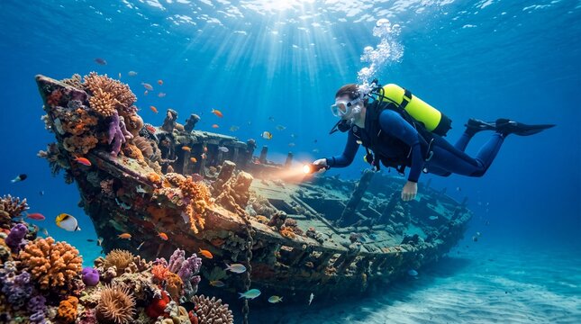 Scuba diver with flashlight exploring ancient sunken wooden shipwreck covered with colorful coral reef and tropical fish in clear blue ocean water.