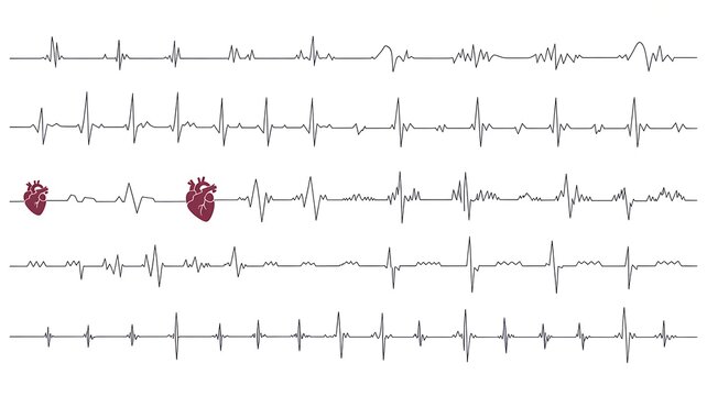Electrocardiogram ECG waveform collection with heartbeat lines and red heart symbols for cardiology medical illustration