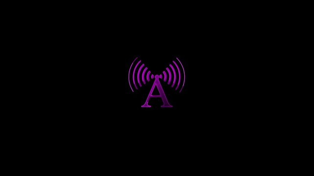 Purple neon letter a radio tower animation with pulsing signal waves broadcast transmission