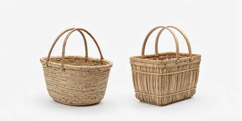 Obraz premium Two woven wicker baskets with handles isolated on a clean white background