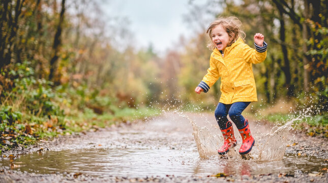 Cheerful little girl in a yellow raincoat jumping in a muddy puddle representing joyful autumn childhood, outdoor nature play, and carefree rainy season fun.