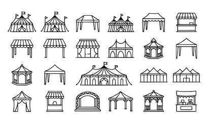 Event tent and outdoor festival thin line icon set with circus marquee pavilion and canopy vector © MD
