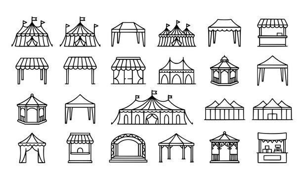 Event tent and outdoor festival thin line icon set with circus marquee pavilion and canopy vector