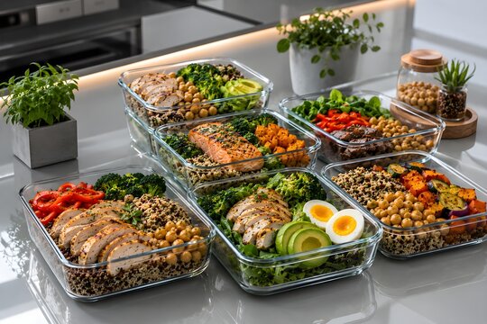 Modern High Protein Meal Prep Containers with Grilled Chicken, Salmon and Fresh Vegetables