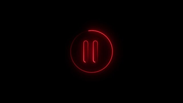 Neon red pause button glowing animation on black background