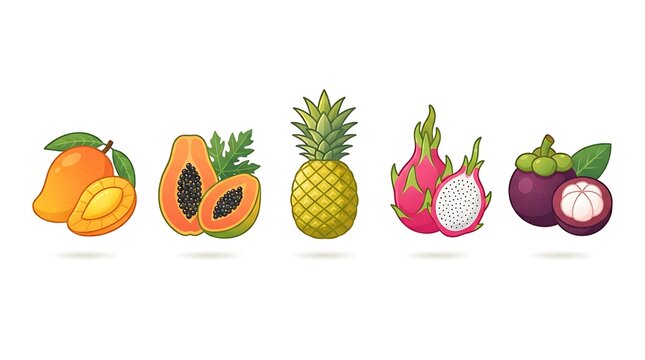 Tropical Fruit Vector Illustration Set with Mango, Papaya, Pineapple, Dragon Fruit, and Mangosteen for Healthy Diet Food Design