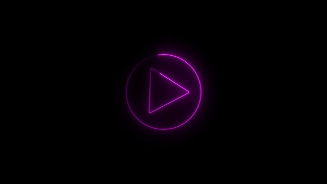 Neon pink glowing play button animation on black background, for digital media, and ui