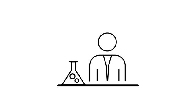 A scientist icon stands behind a lab table holding a glass flask representing research analysis and scientific study on a plain white background image