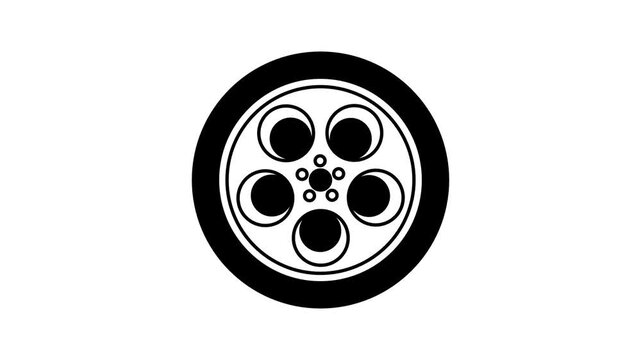 A black and white wheel icon styled like a classic film reel features six evenly spaced circular holes displayed centered on a white background image