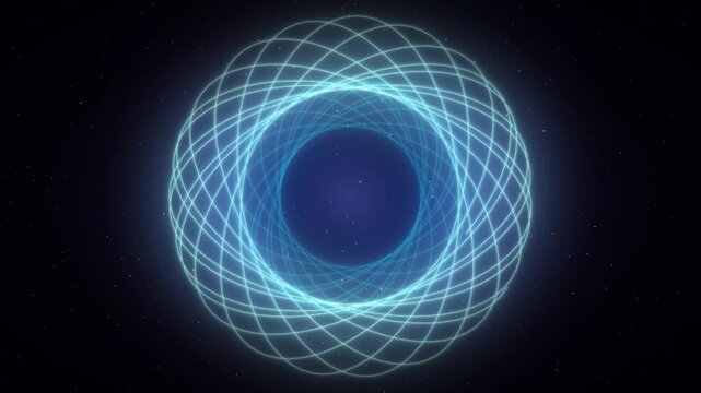 Abstract glowing neon blue spirograph geometric circular mandala light particle background pattern