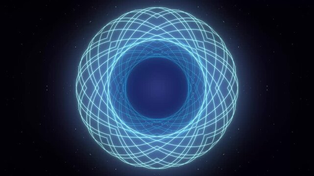 Abstract geometric luminous blue pattern with a dark background and stars in the distance, creating a cosmic and ethereal visual effect