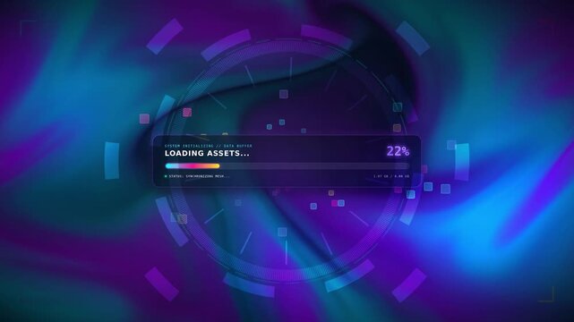 Futuristic digital loading progress bar interface with neon purple and blue abstract background showing assets status