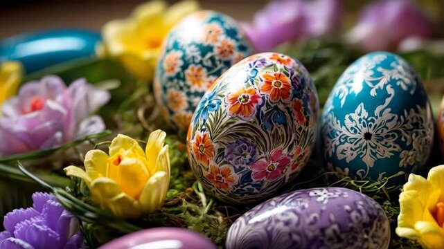 Decorative Egg With Floral Pattern, Colorful Painted Ornament Among Spring Flowers