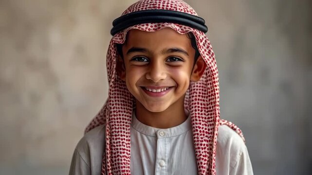 Arabian Child Smile in Traditional Clothing Portrait with Headscarf and White Robe Elegance