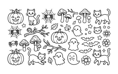 Fototapeta premium Set of cute halloween doodles with pumpkins cats ghosts bats and mushrooms as black outline drawings for festive holiday decoration projects and seasonal party designs