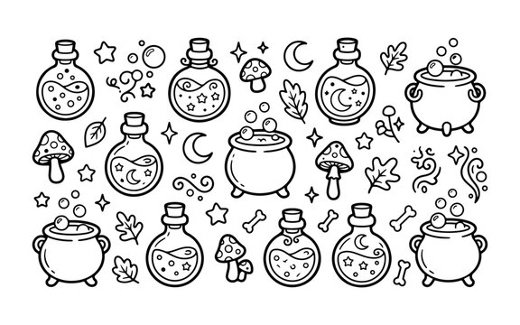 Hand drawn doodle set of magic potions and witch cauldrons with mushrooms and moon symbols for halloween and fantasy themes in a simple black and white line art style