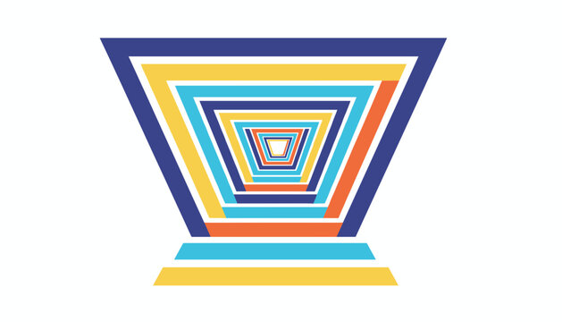 Vibrant geometric design of nested trapezoids in blue, yellow, orange, and white creating a deep tunnel perspective.