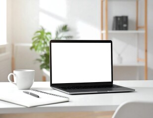 Fototapeta premium Minimalist workspace with laptop and plant on desk.