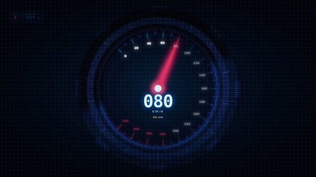 Futuristic digital speedometer interface on a dark background showing speed acceleration
