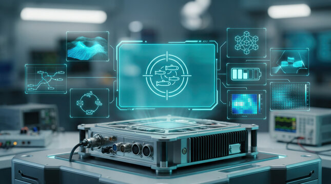 High-tech futuristic control mainframe for autonomous underwater vehicle AUV swarm, featuring holographic sonar, bathymetry, and data telemetry displays in a lab setting.