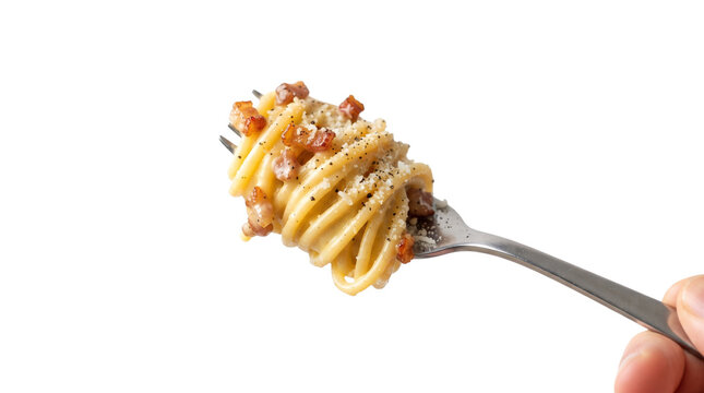 Spaghetti carbonara on a fork, classic Italian pasta with guanciale and pecorino cheese, delicious noodle bite isolated on white background