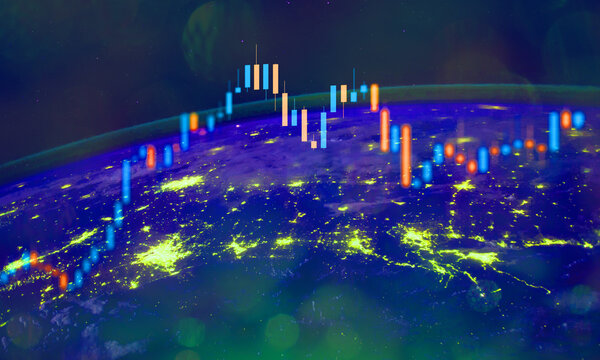 Global financial market trading concept showing futuristic stock exchange candlestick charts overlaying planet earth city lights from space