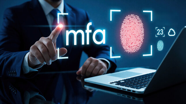 Man uses finger scan for multi factor authentication MFA. Digital security, identity verification, access control, biometric login, secure data, cloud access, login process, safety.