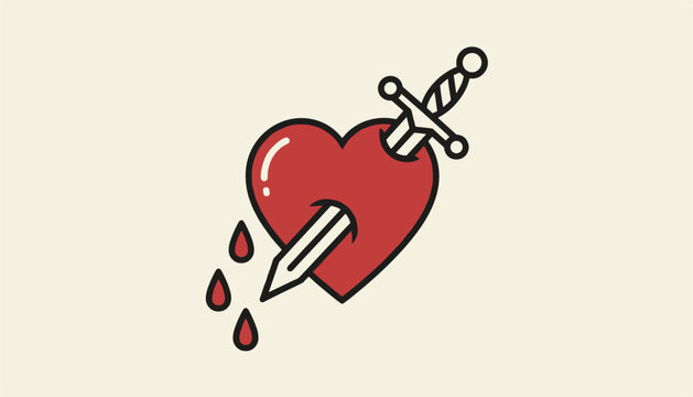 Classic tattoo style red heart pierced by a steel dagger sword with dripping drops of blood on a soft background.