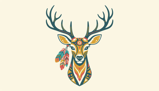 Elegant tribal bohemian deer head illustration with feathers hanging from antlers on a soft cream background.